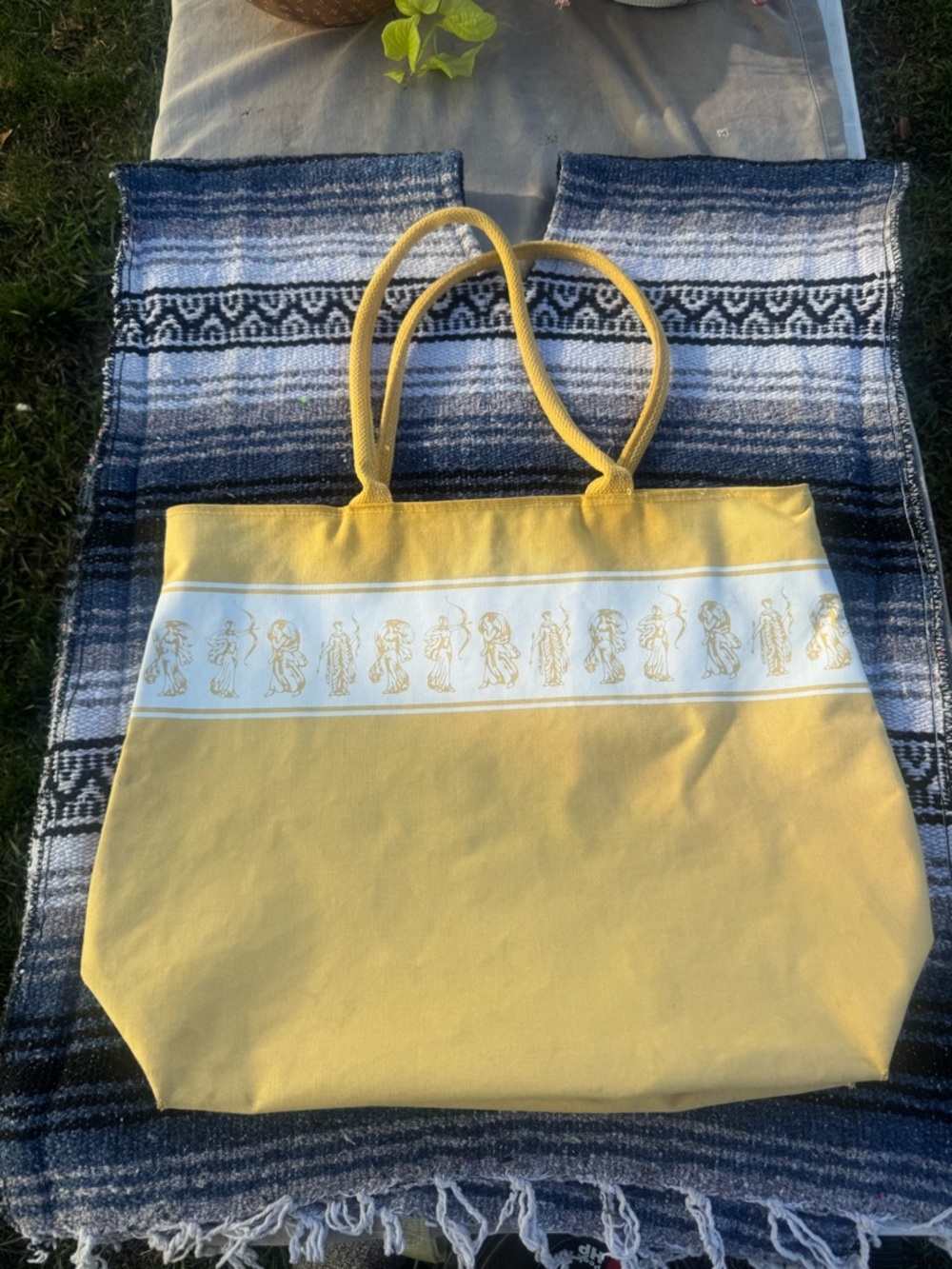 Vintage 90s Yellow Canvas Tote Bag – Greek pantheon Design, 16” x 20”